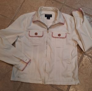 Upcycled White jean jacket shacket embroidered S-M Jones NY